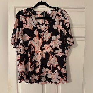 Liz Claiborne Floral V-Neck Blouse - Black and Orange